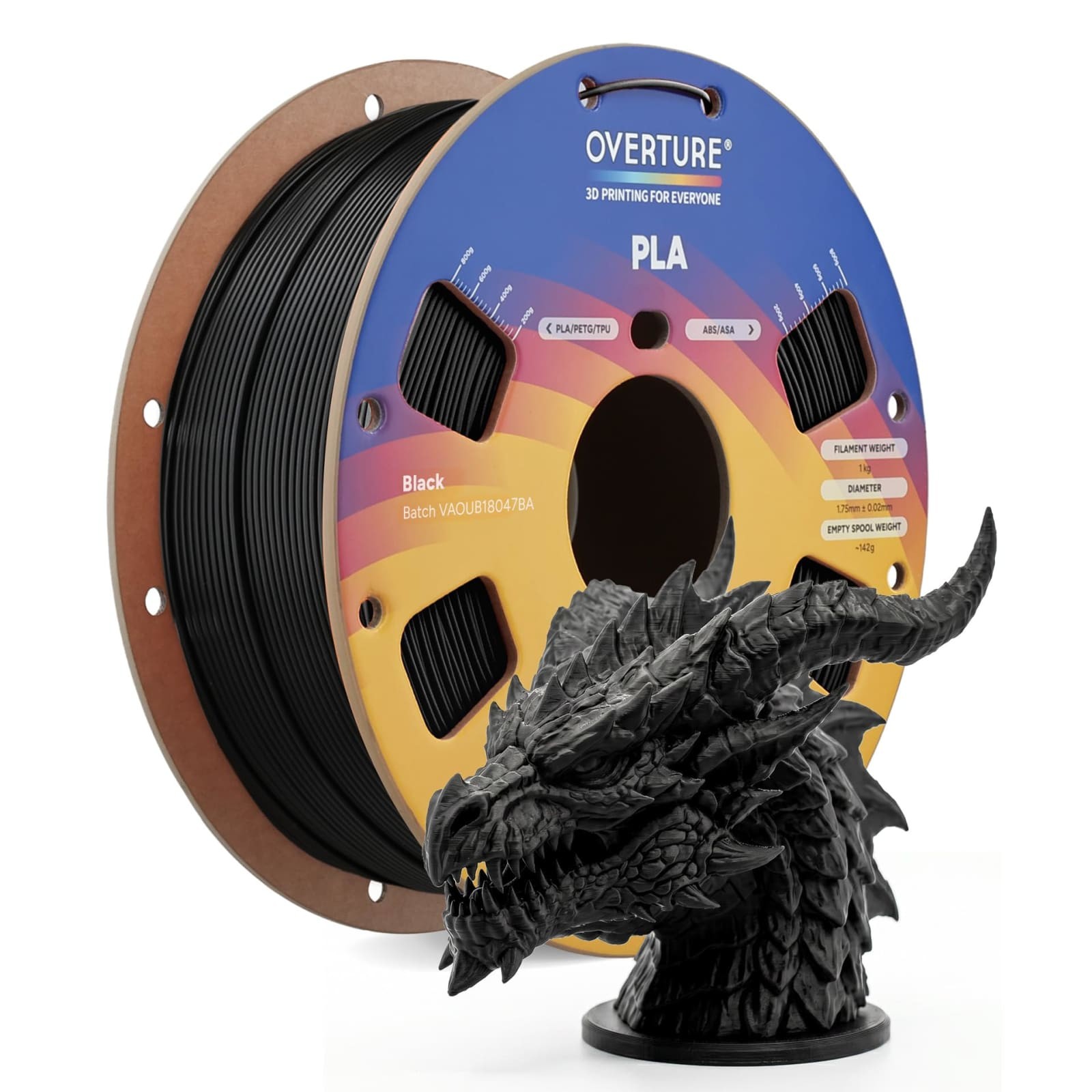 OVERTURE High Speed PLA 3D Printer Filament 1.75mm 1kg Black +/-0.02mm Tolerance