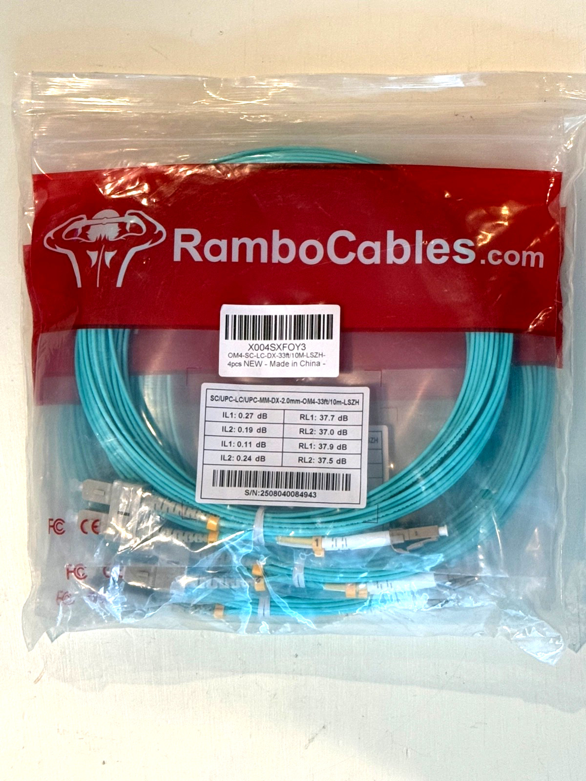 RamboCables OM4 SC to LC Multimode Duplex Fiber Optic Patch Cable 33ft 10M 4-Pck