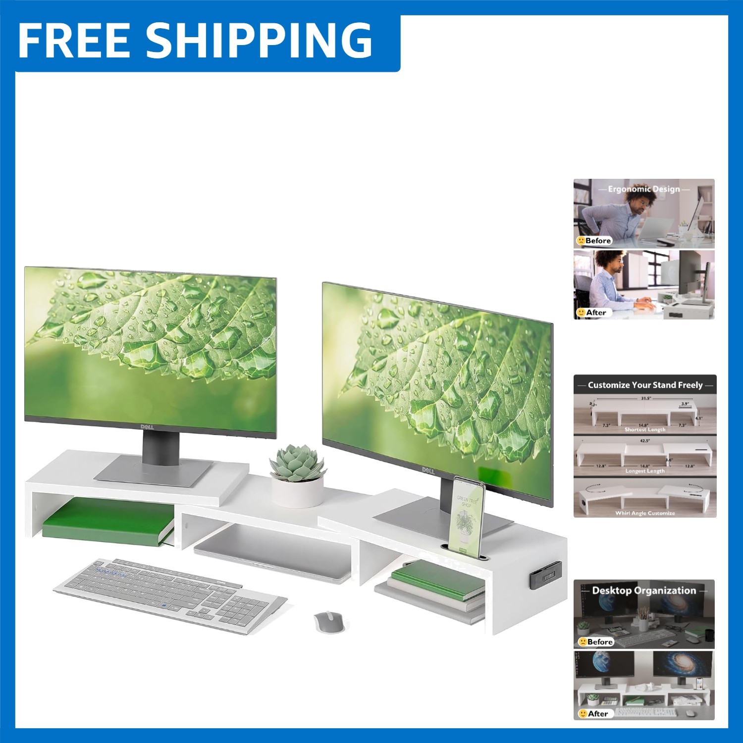 Elegant Dual Monitor Stand Riser with Adjustable Length & Swivel Angle - White