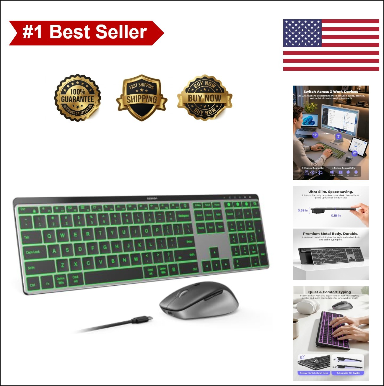 Wireless Keyboard Mouse Combo Bluetooth USB 7 Color Backlit Full Size QWERTY