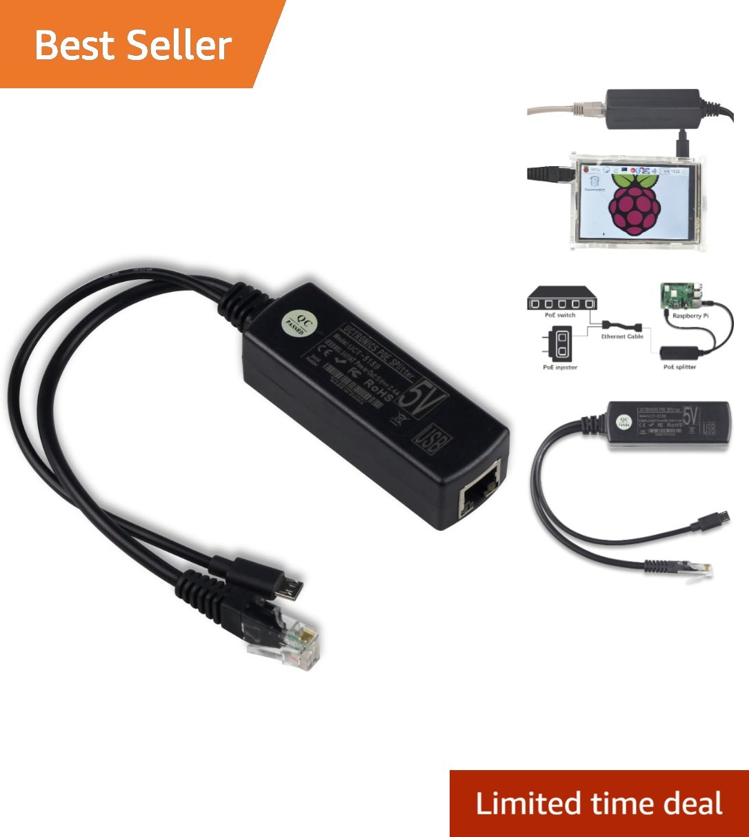IEEE 802.3af Micro USB Active PoE Splitter Power Over Ethernet 48V to 5V 2.4A...