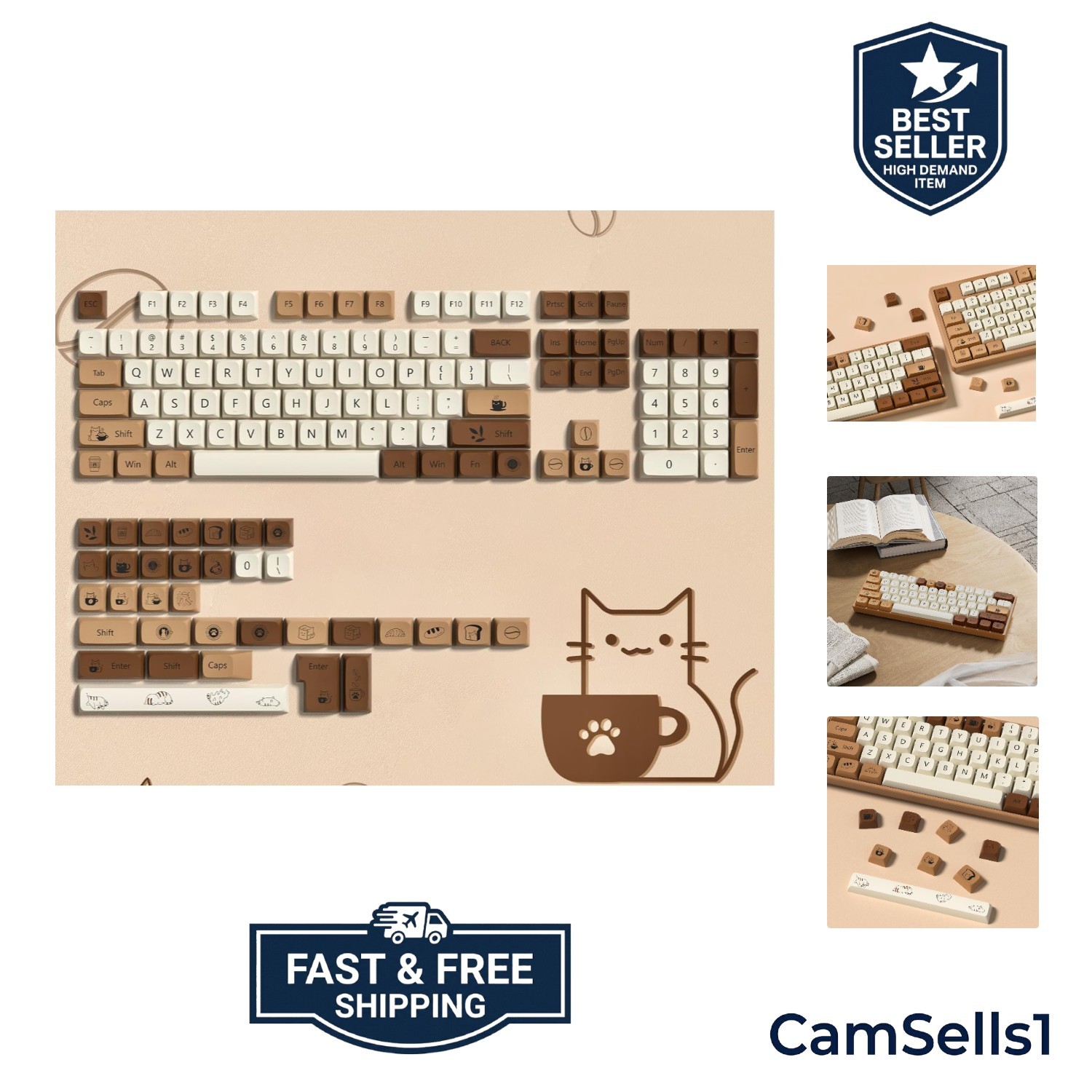 Cute PBT keycaps,Coffee Cat, XDA Profile Keyboard Keycaps
