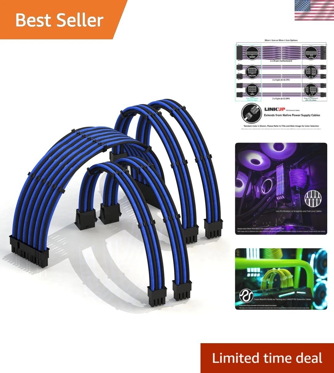 AVA 50cm PSU Cable Extension Sleeved Custom Mod GPU PC Braided