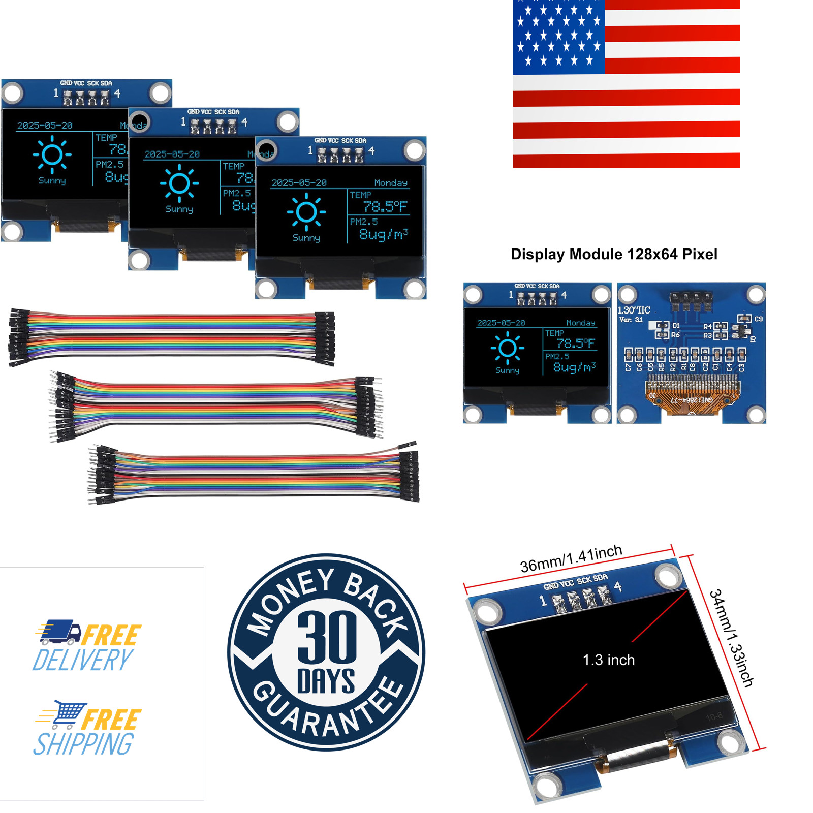 3PCS 1.3 Inch IIC I2C OLED Display Module 128x64 Pixel SH1106 Screen Module with