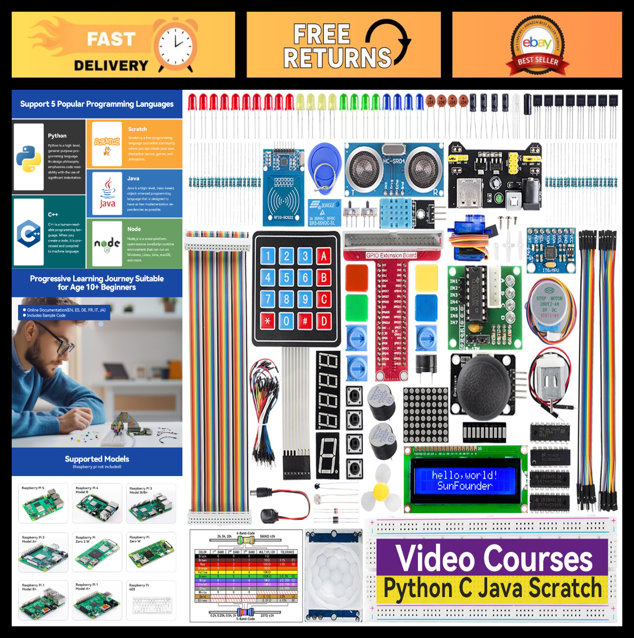 Raspberry Pi Starter Kit - Compatible with 5, 4B, 3B, B+, Zero 2 W - Python, Jav