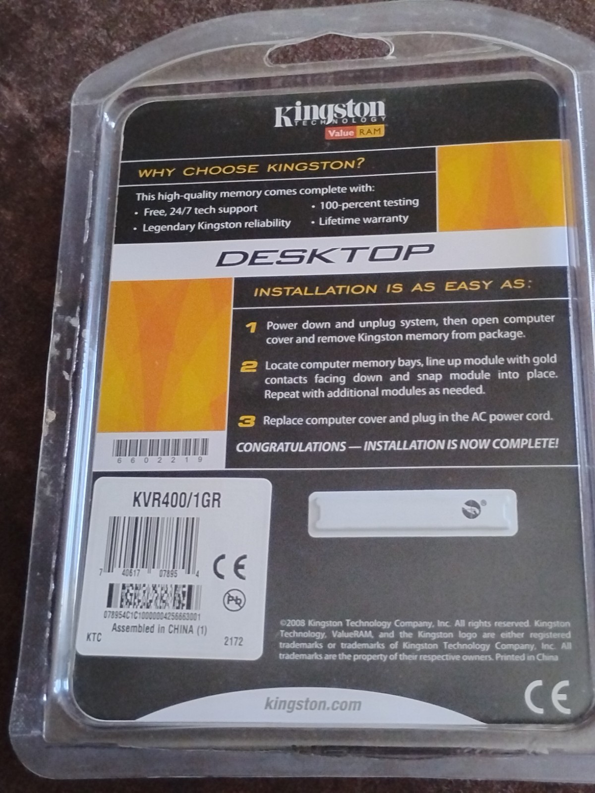 Kingston Technology 1GB RAM pc3200 memory chip 400mhz ddr kvr 400/1gr NEW SEALED