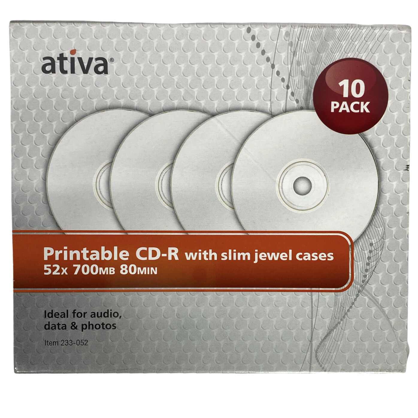 Ativa Printable CD-R With Slim Jewel Cases 52 X 700mb 80 Min 10 Pack -NEW SEALED