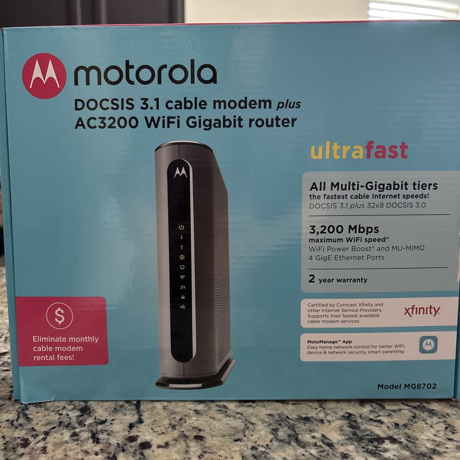 Motorola MG8702 DOCSIS 3.1 Cable Modem Router Combo AC3200 | 4-Port 3.2 Gbps