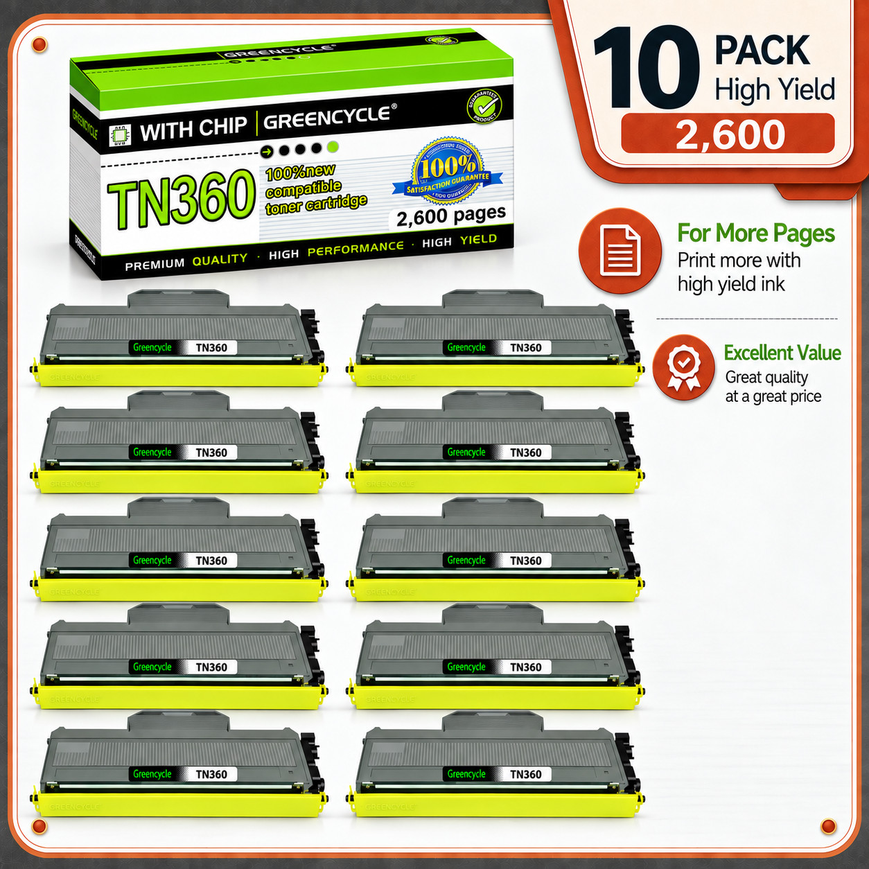 10 Pack Compatible For Brother HL-2150N HL-2170W DCP-7030 TN360 Toner Cartridge