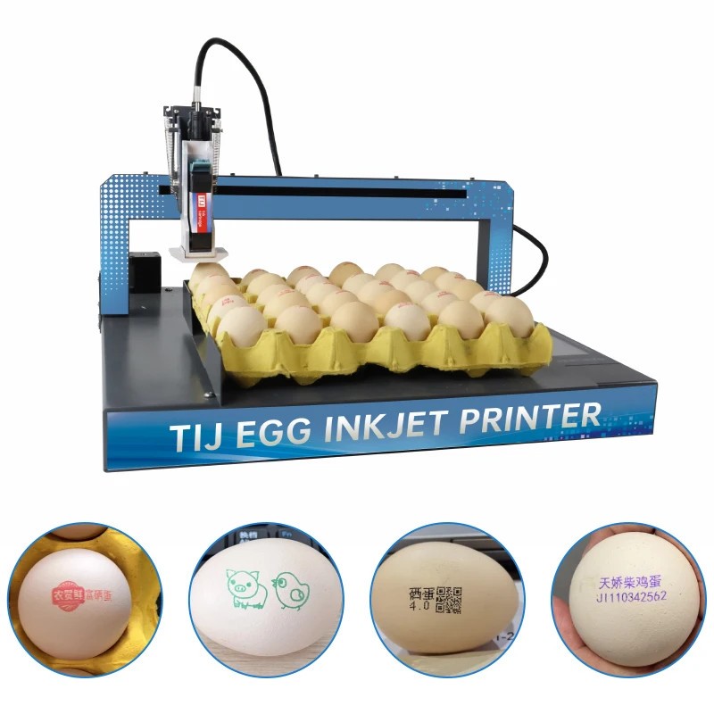 Chipless egg inkjet printer prints text, logo, and variable data on eggs