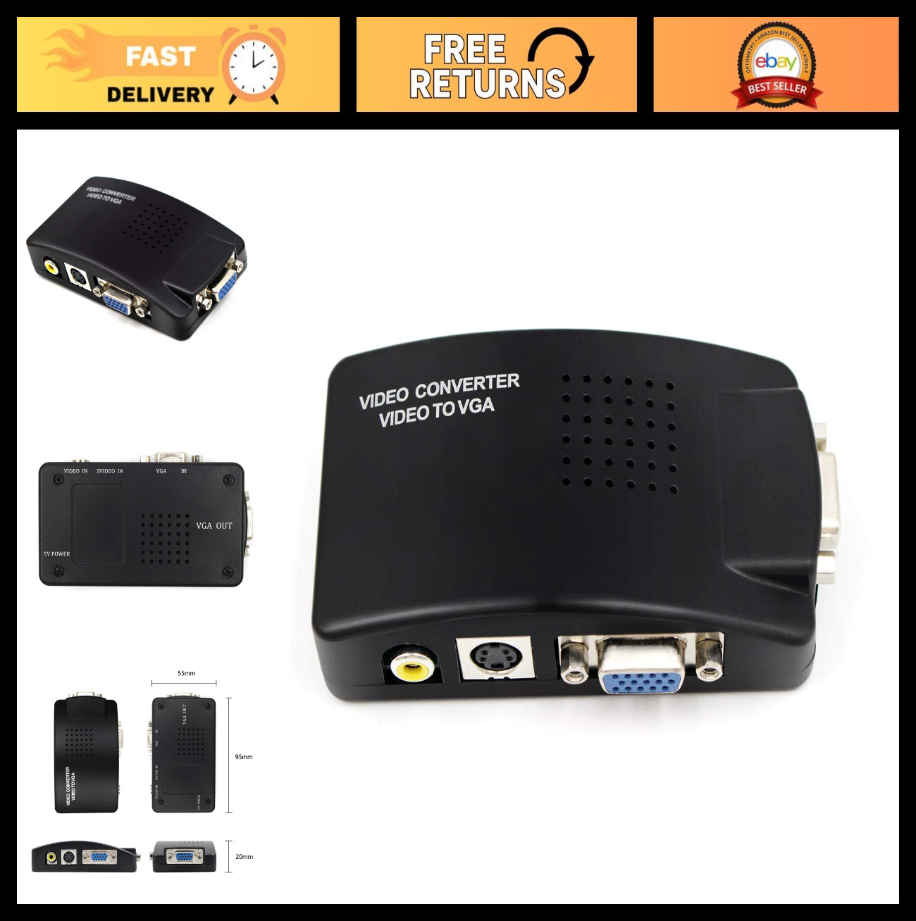 PC Laptop AV to VGA Converter Adapter - RCA S-Video Composite Switch Box Black