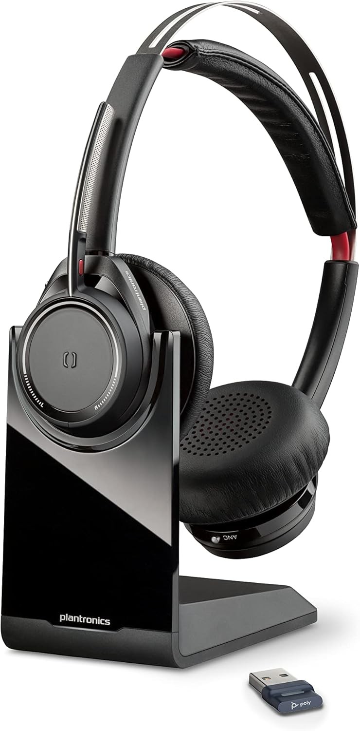 Plantronics Poly Voyager Focus UC Wireless Headset Computer w/ Charge Stand