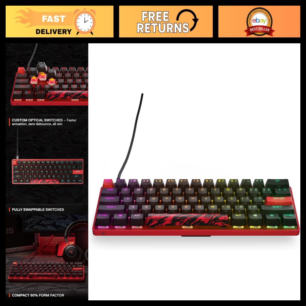 Compact 60% HotSwap Optical Gaming Keyboard - RGB Customization, PBT Keycaps
