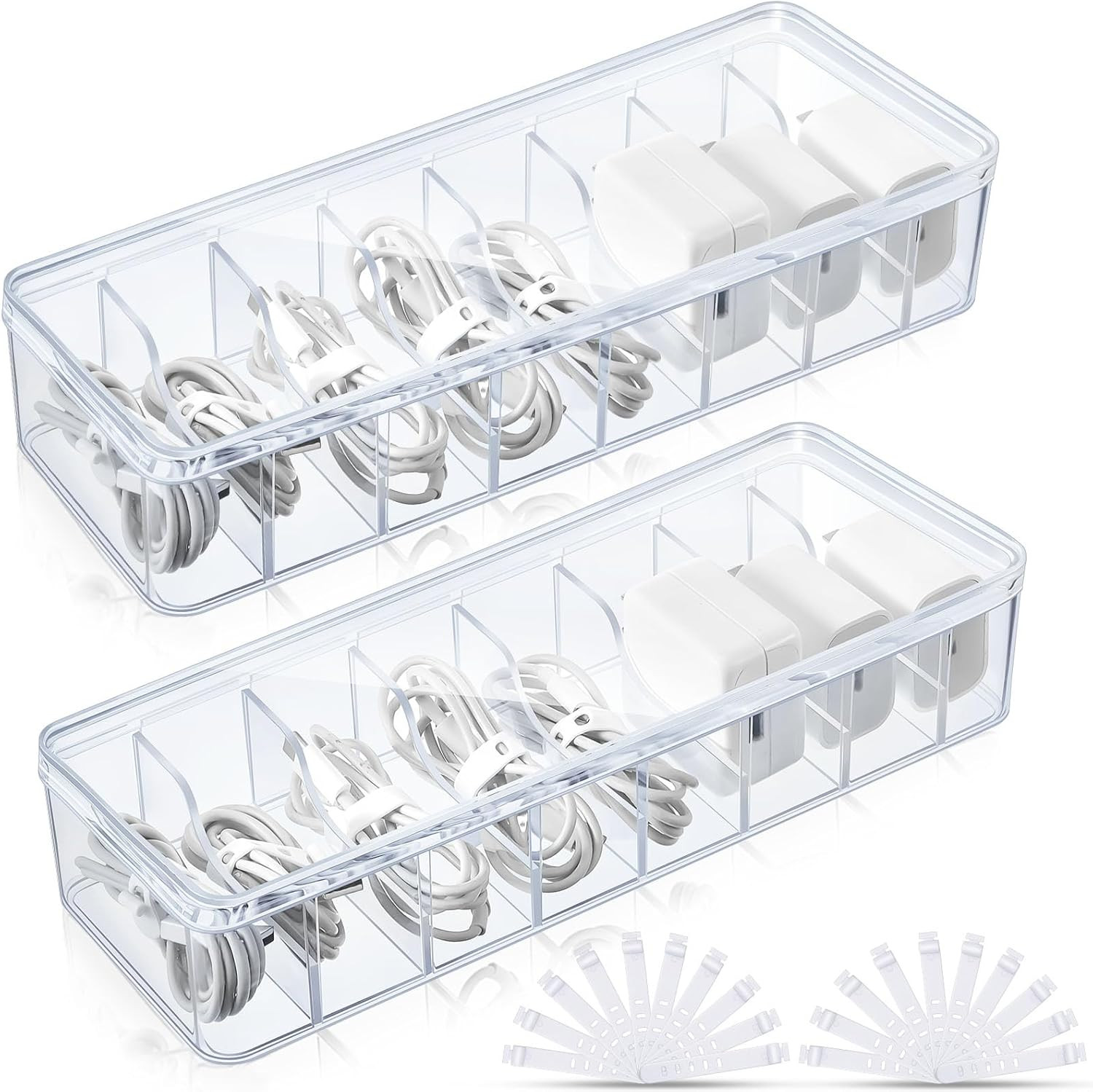 2 Pack Cable Organizer Box with Lid Clear Cord Storage Box with Wire Ties Set