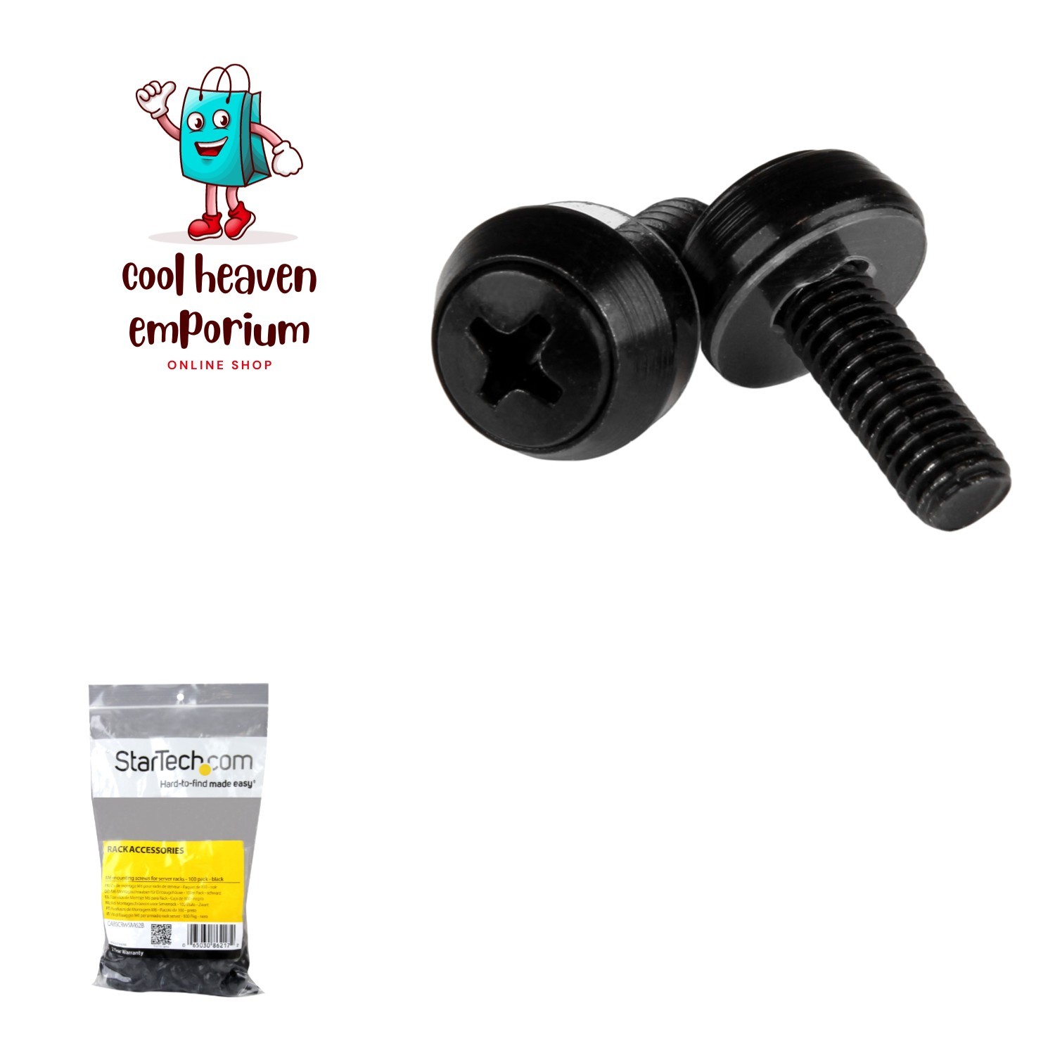 StarTech 100-Pack M6 12mm Rack Mounting Screws, 19in/10in, Black, TAA