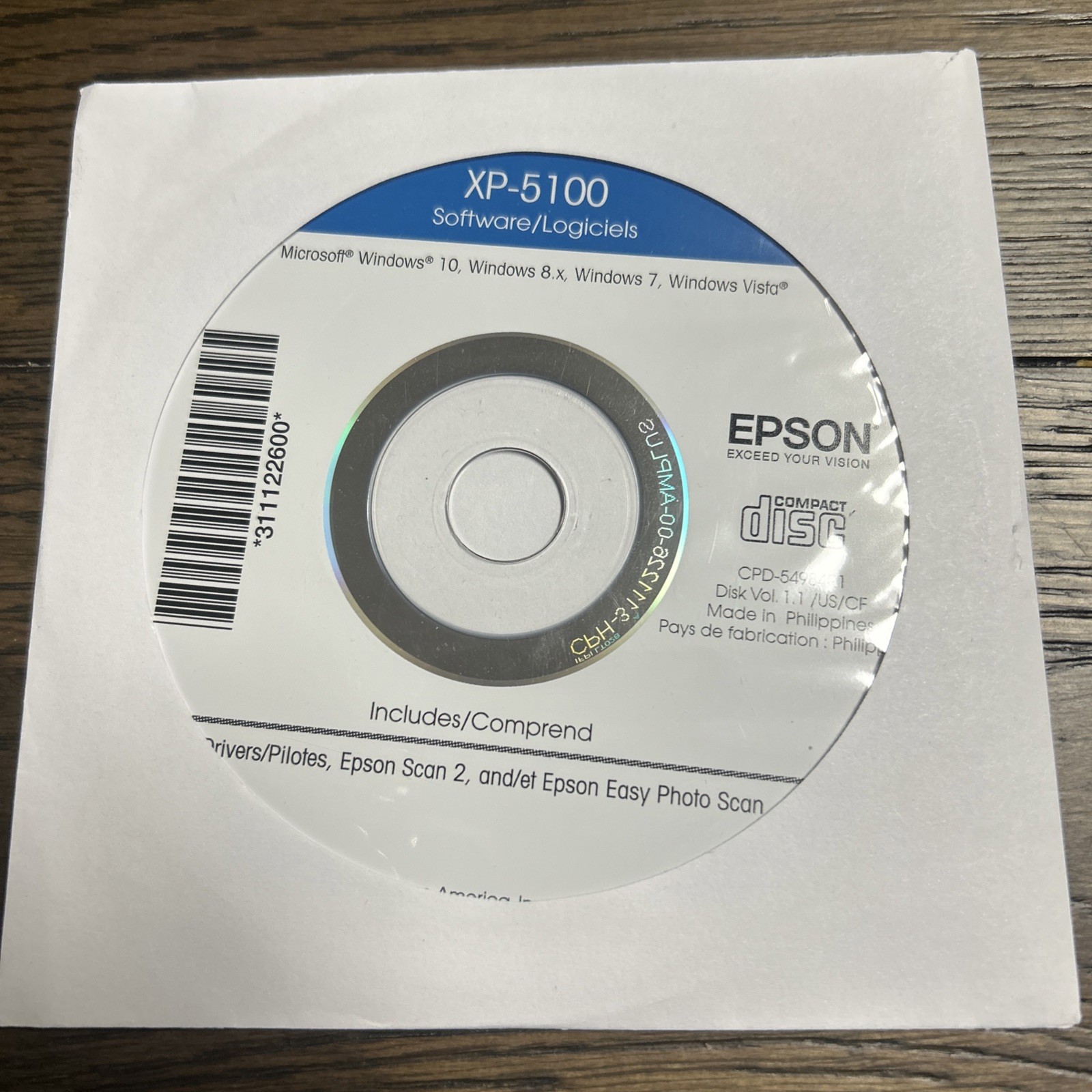 XP-5100 Epson Windows 10, 8.x, 7 & Vista Driver Disc Epson Scan 2 & Easy Photo