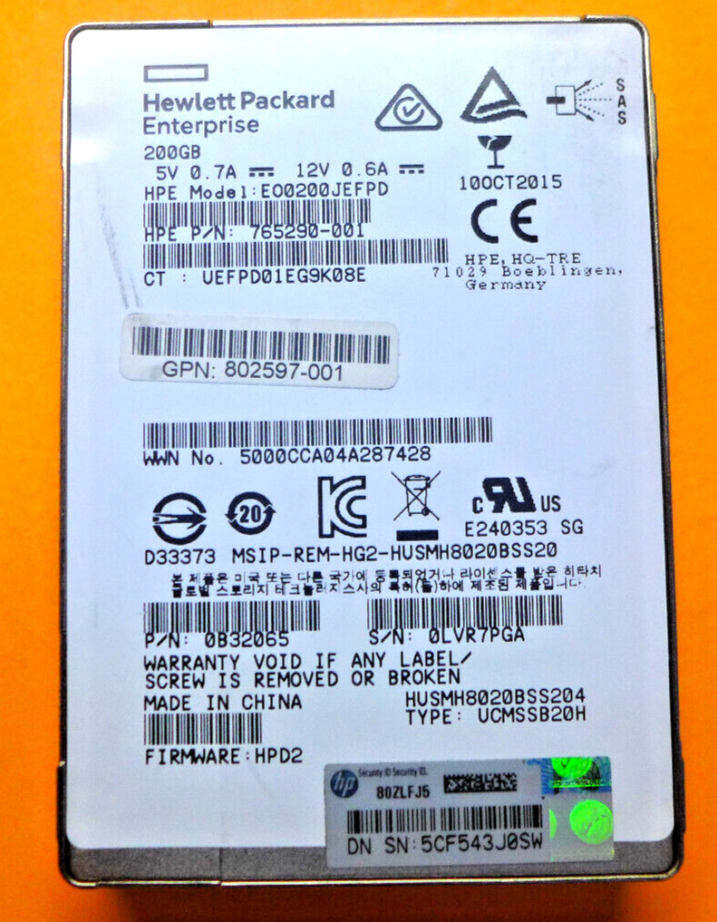 HPE HUSMH8020BSS204 200GB SAS 12G WI SFF ST SSD 765290-001