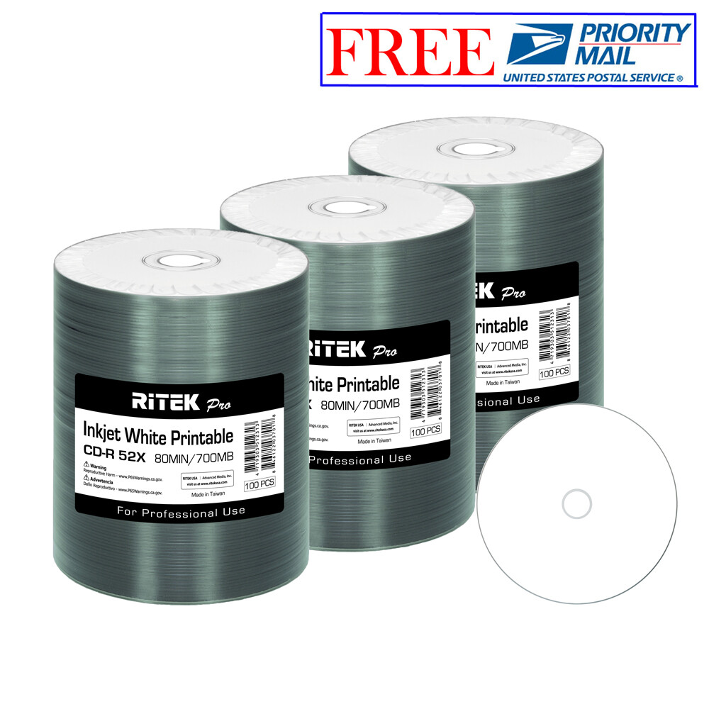 300 Pack Ritek Pro CD-R 52X 700MB White Inkjet Hub Printable Blank Media Disc
