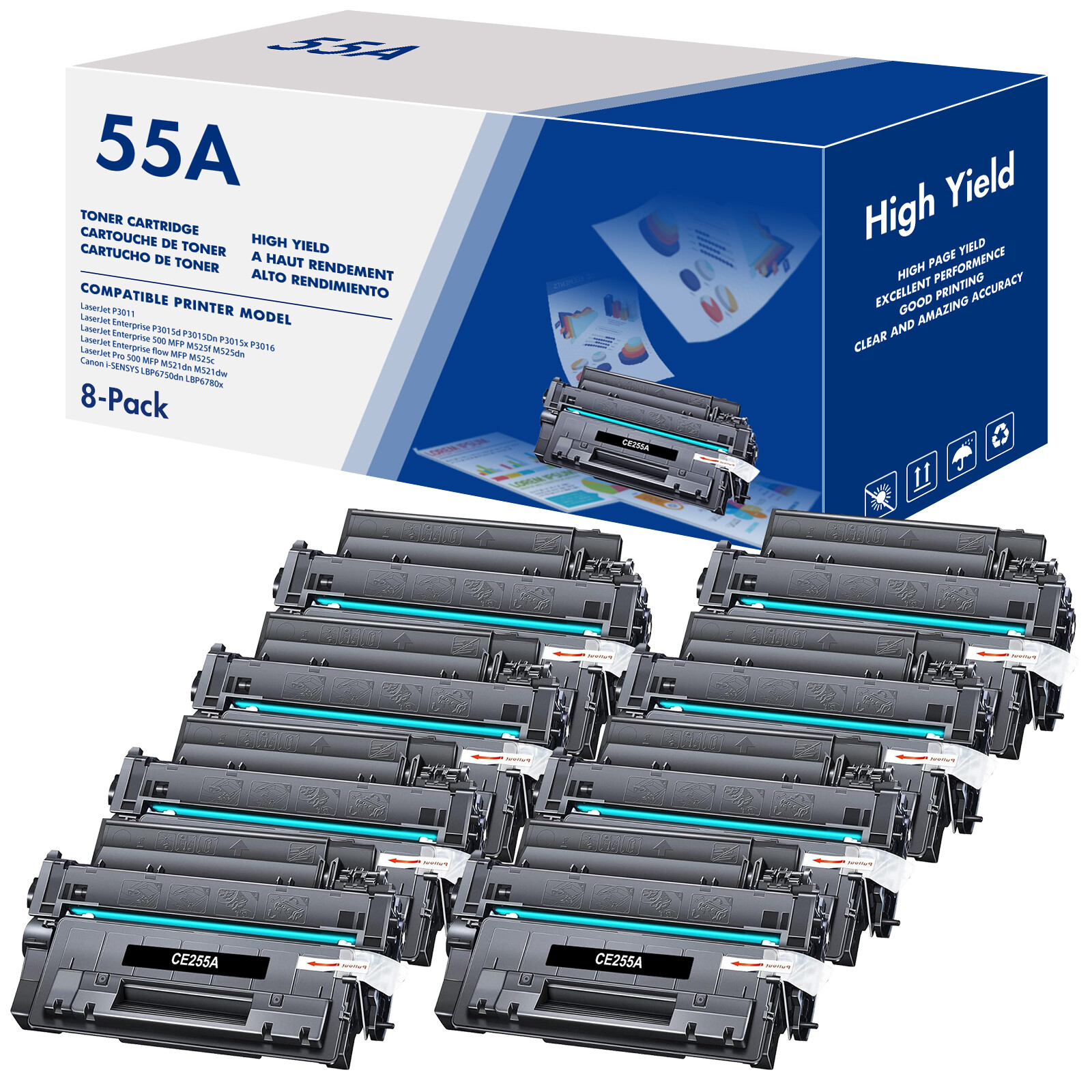 8Pack CE255A Toner Compatible With HP 55A LaserJet 500 MFP M521dn M521dw M525dn