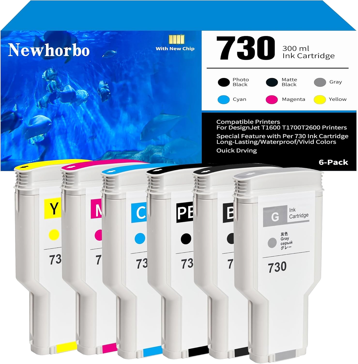 730 Ink Cartridge 6-Pack 300ml for HP DesignJet T1600 / T1700 / T2600 Series