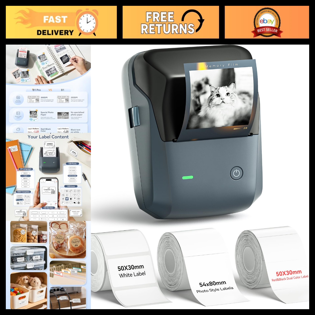 Label Maker Pro - 300 DPI Thermal Printer with 3 Labels, Portable & Easy to Use