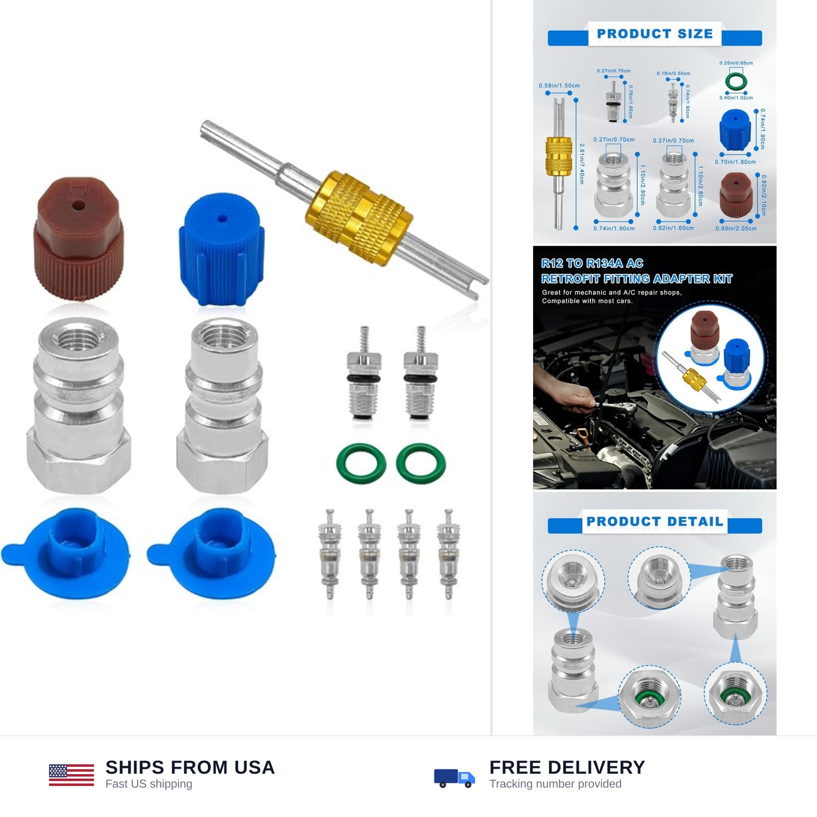 R12 R22 to R134A AC Retrofit Conversion Kit, 1/4 SAE 7/16 Adapter, Car Air