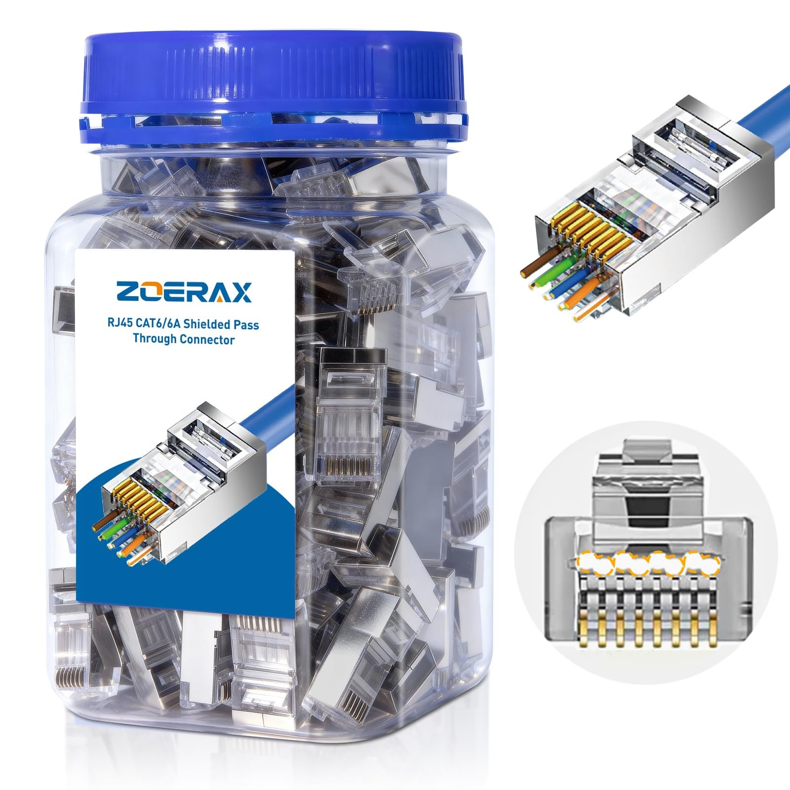 ZOERAX 100-Pack Cat 6A RJ45 Pass Through Connector, Cat 6 RJ45 Connector Wire...