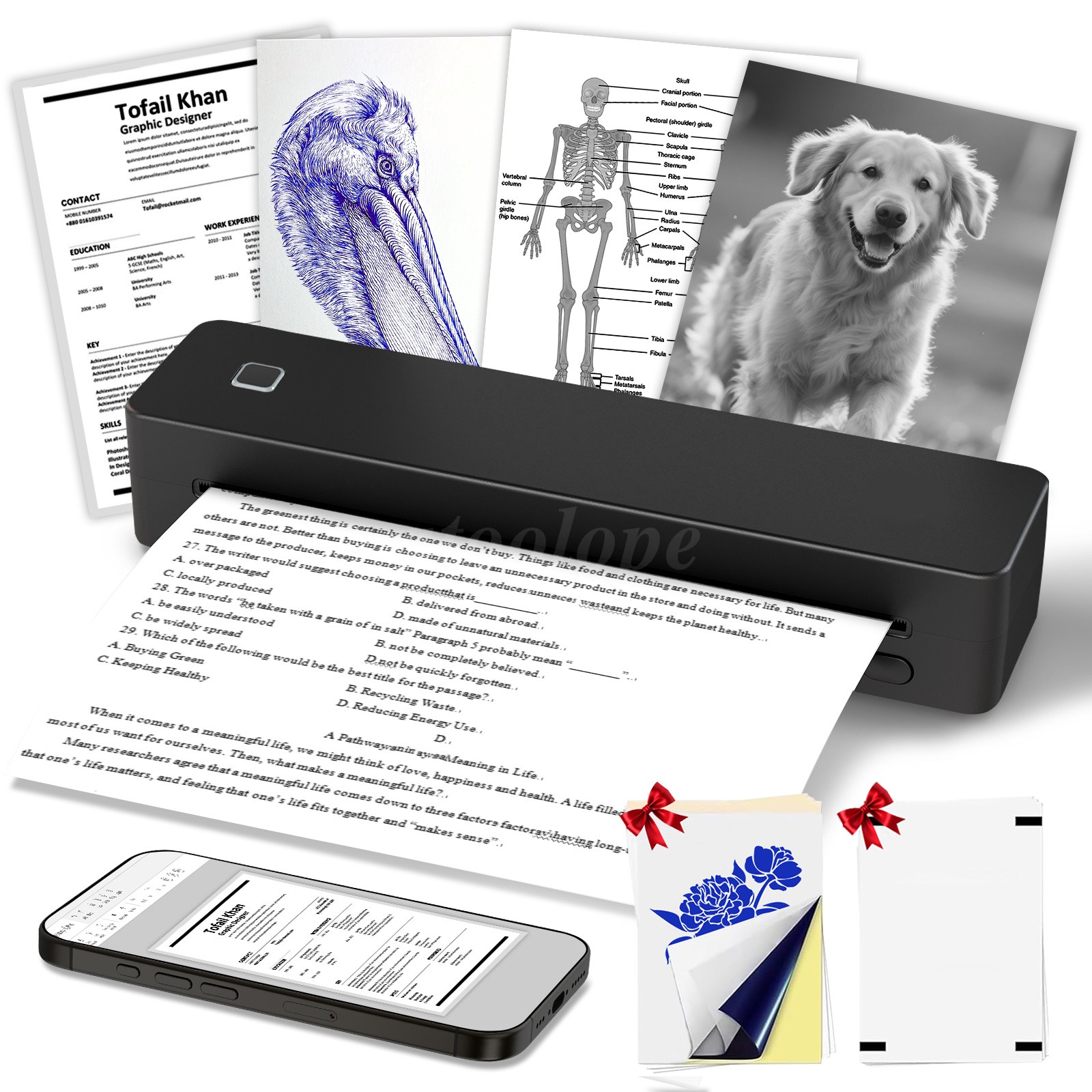 Wireless Bluetooth Portable Inkless Thermal Printer Black