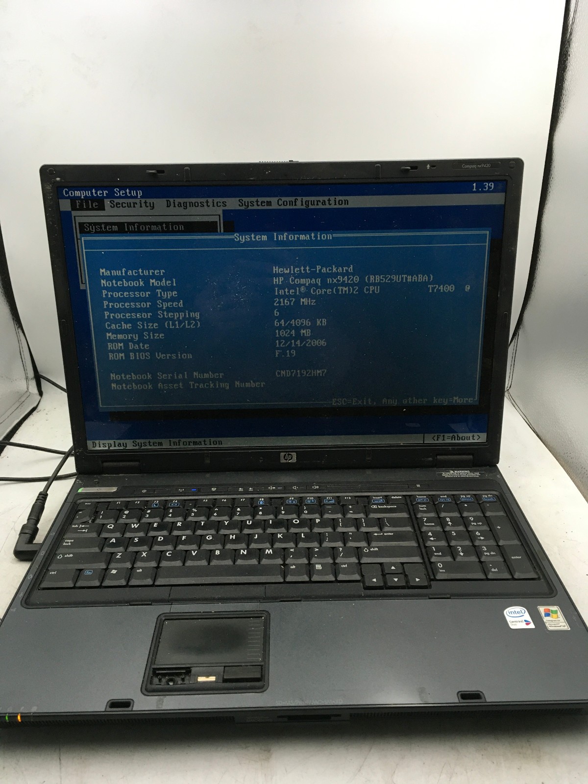 HP COMPAQ NX9420 - BOOTS TO BIOS - INTEL I7400 - 1GB RAM - READ DESC - BB