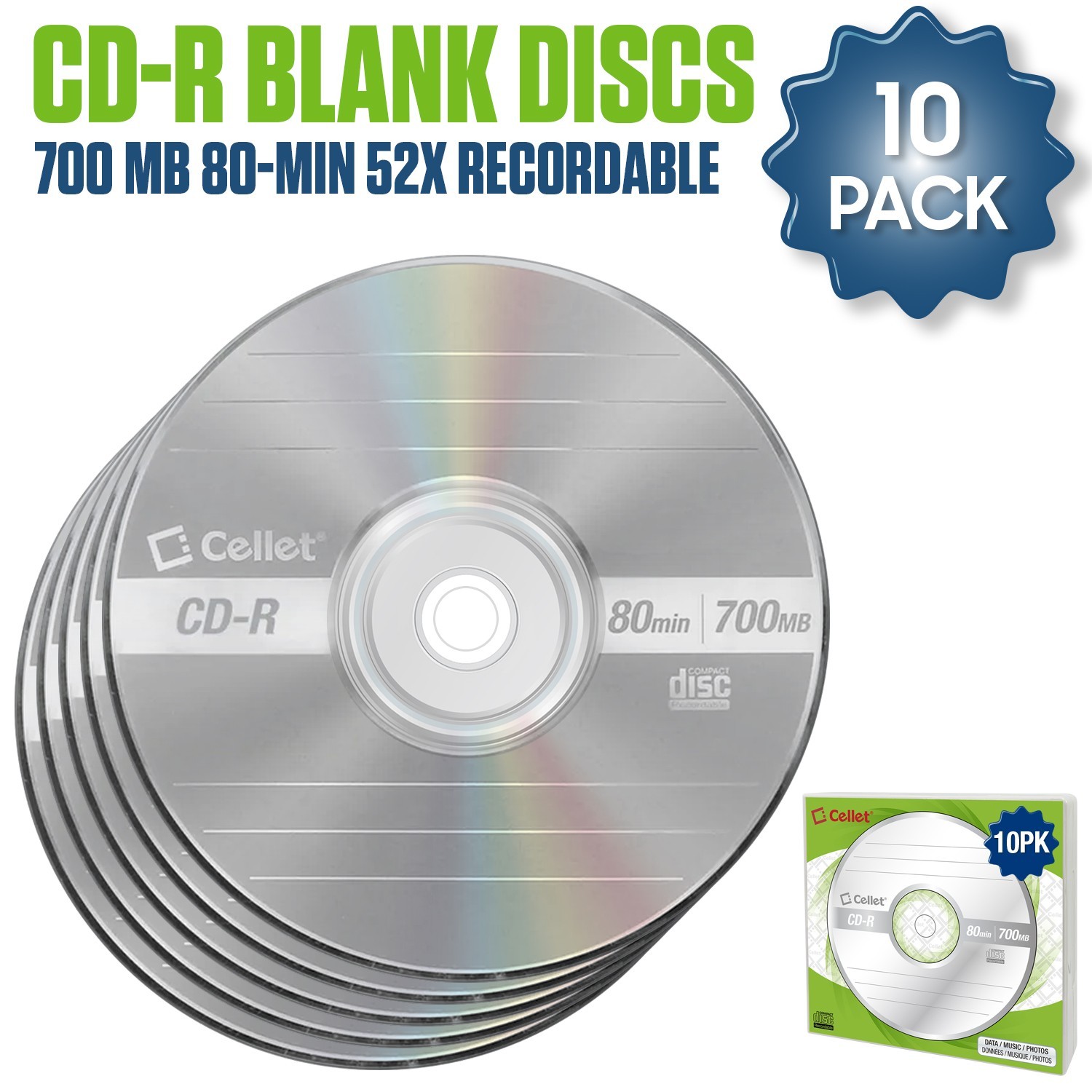 Cellet CD-R 10-Pack – 700MB 80-Minute Blank Discs, 52X Speed for Data, & Music