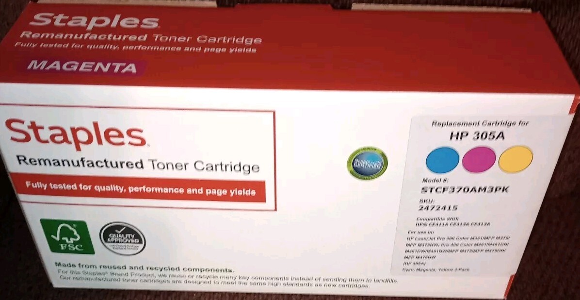 Staples  Toner Cartridge Replacement for HP 305A (Magenta) CE413A NEW SEALED 