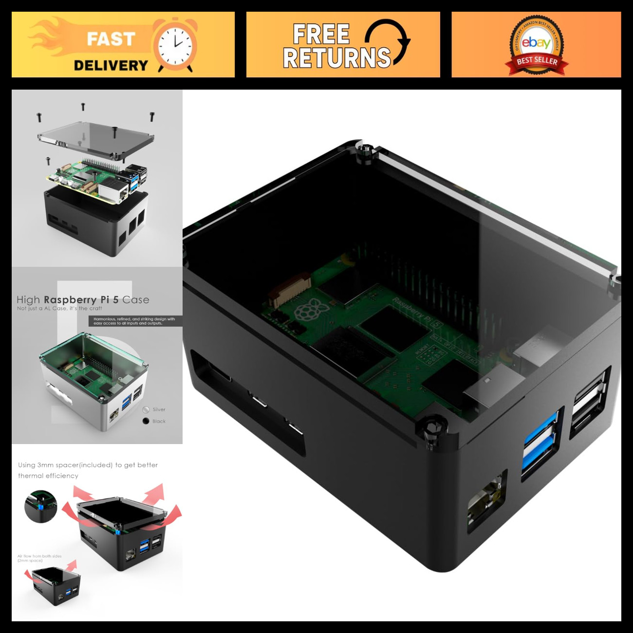 Aluminum Extra High Pi Case for Raspberry Pi 5 - Durable Black Enclosure