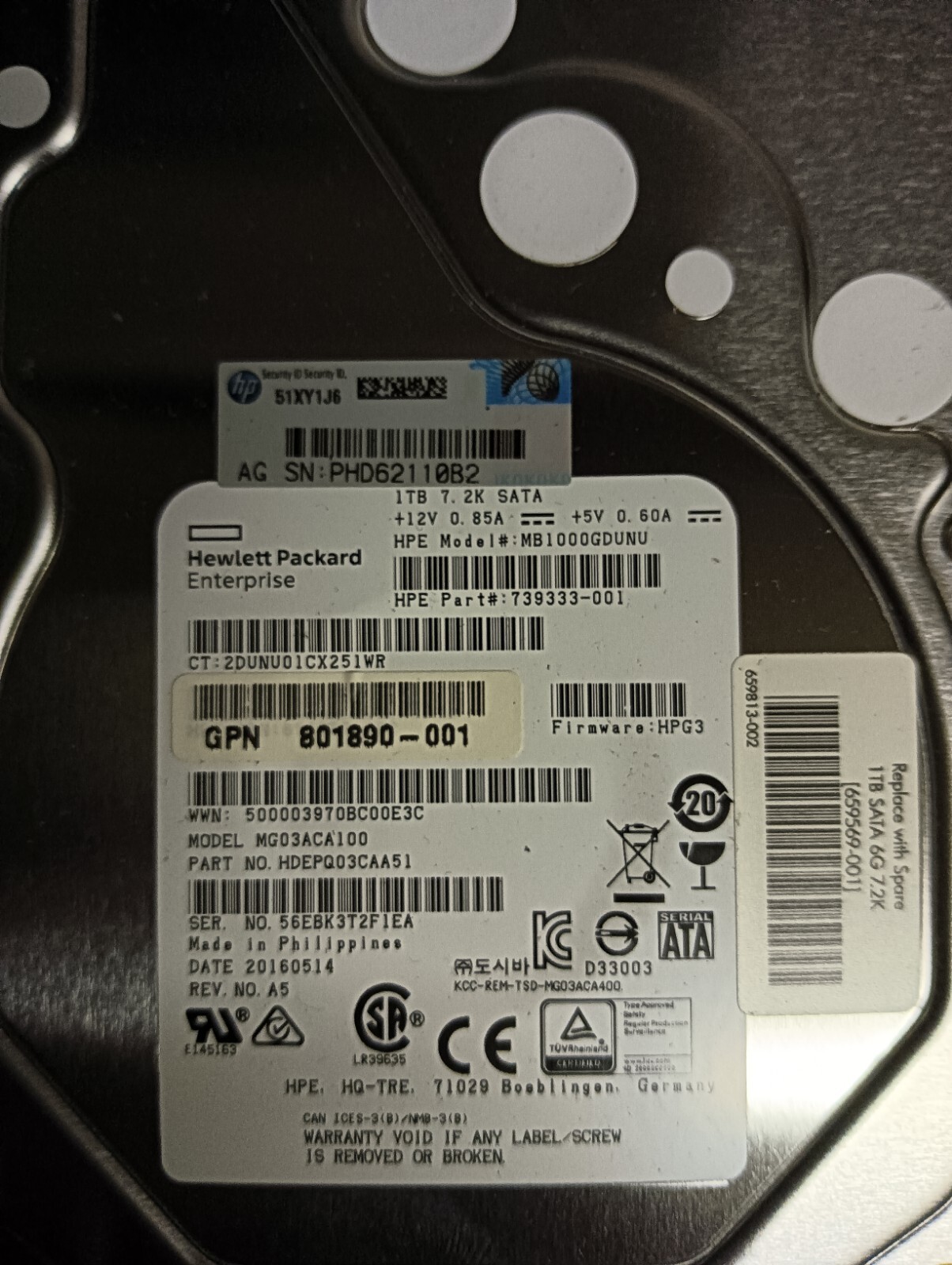 HPE Toshiba 1TB 7.2K RPM SATA 6G 3.5" LFF HDD Enterprise Hard Drive 739333-001