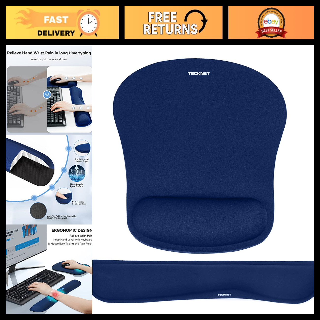 Ergonomic Memory Foam Keyboard Wrist Rest & Mouse Pad Set for Computer/Laptop -