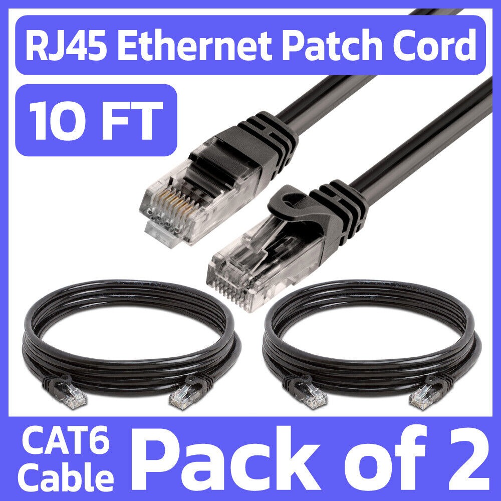 2 Pack Black Cat6 Ethernet Cable 10ft RJ45 Internet Patch Cord LAN Network Wire