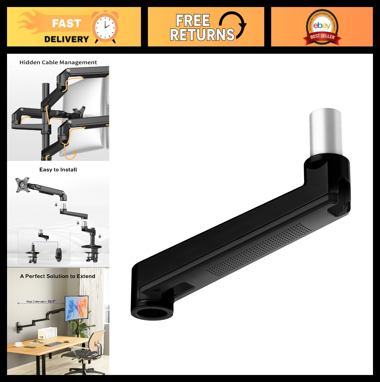 Extension Arm for Monitor Mounts - Increase Length, Upgrade E6/W6 Series, Black