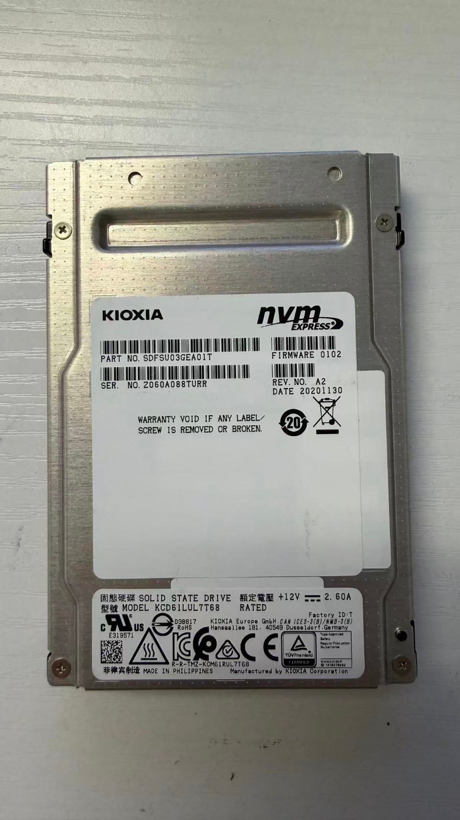 KCD61LUL7T68 KIOXIA CD6-R 7.68TB 7680GB 2.5" NVMe SSD SDFSU03GEA01T