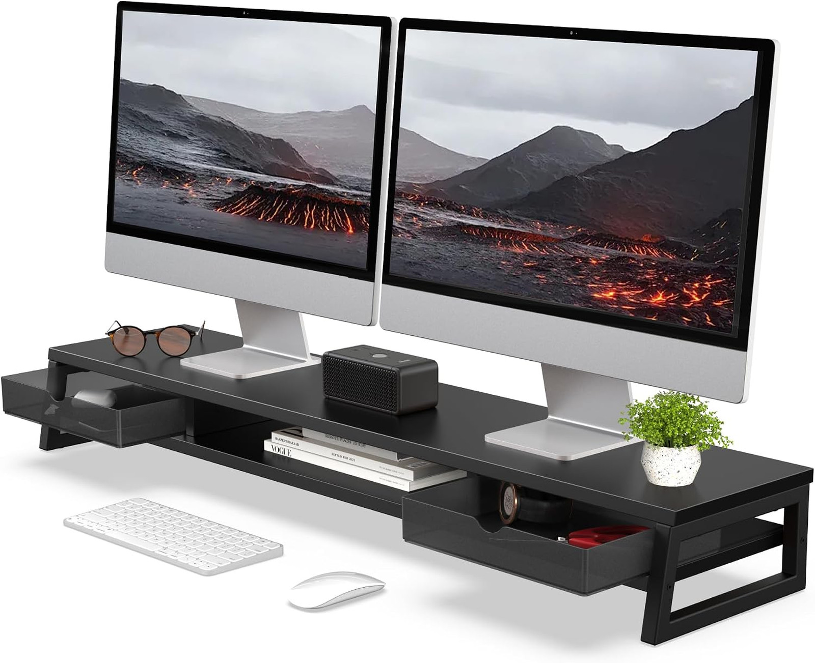 Dual Monitor Stand Riser with Drawers, 42.5 Inch Desk Shelf, Black Steel MDF
