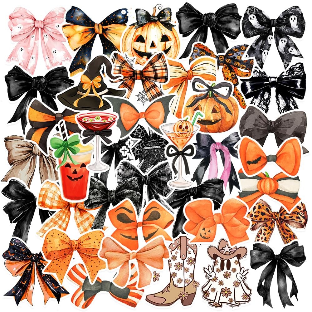 50PCS Halloween Bows Stickers,Ghost Fall Pumpkin Bows Stickers Decals,Vinyl Wate