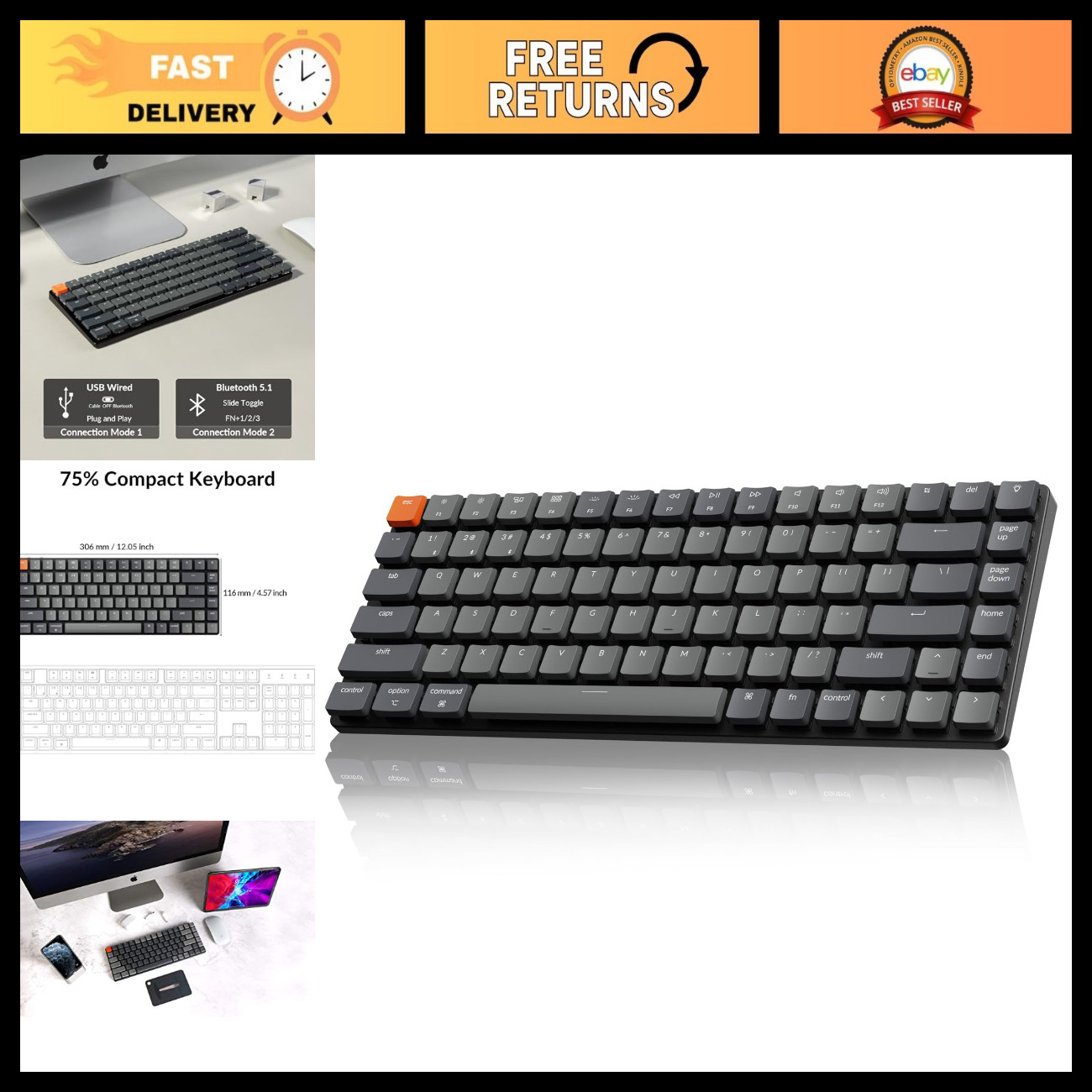 Wireless Low-Profile Mechanical Keyboard 75% QMK, Compact Gaming Keyboard, RGB B