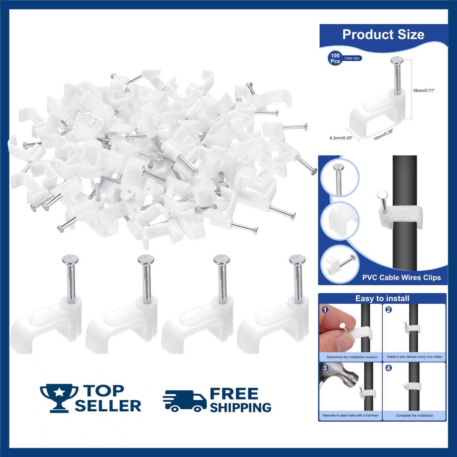 HARFINGTON 100pcs Cable Clips 10mm Half Clamp J-Hook with Nail Square Single Nai
