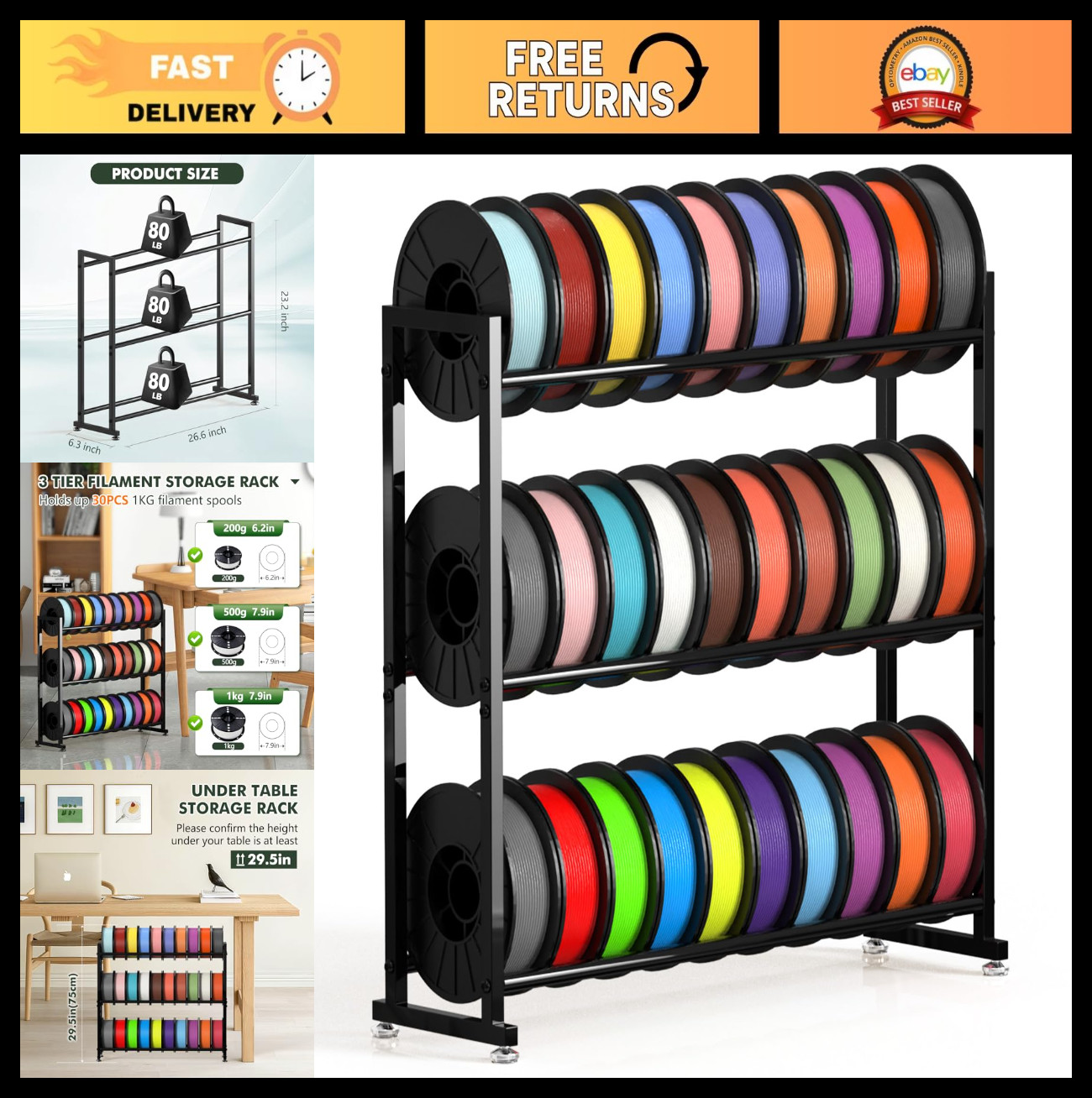 3-Tier Heavy Duty 3D Printer Filament Storage Rack for 30 Rolls, Metal Spool Hol