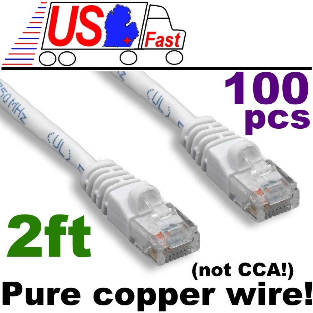 Lot100pk PURE COPPER(notCCA) 2ft RJ45 Cat5e Ethernet Cable/Cord/Wire $SHdi{WHITE