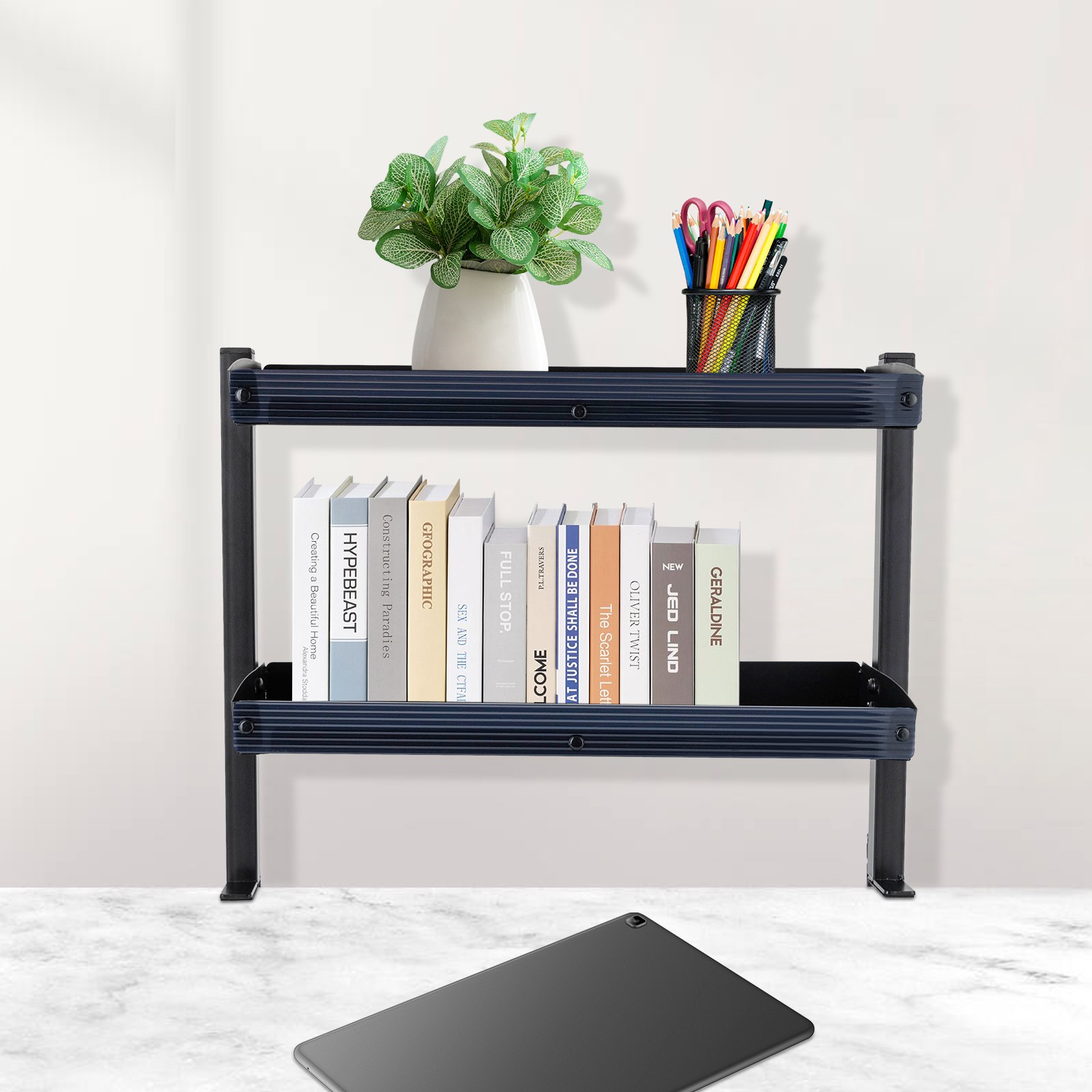 Desktop or Under-Desk Shelf Clamp-on 2-Tier Shelving W/ Adjustable Storage Tray