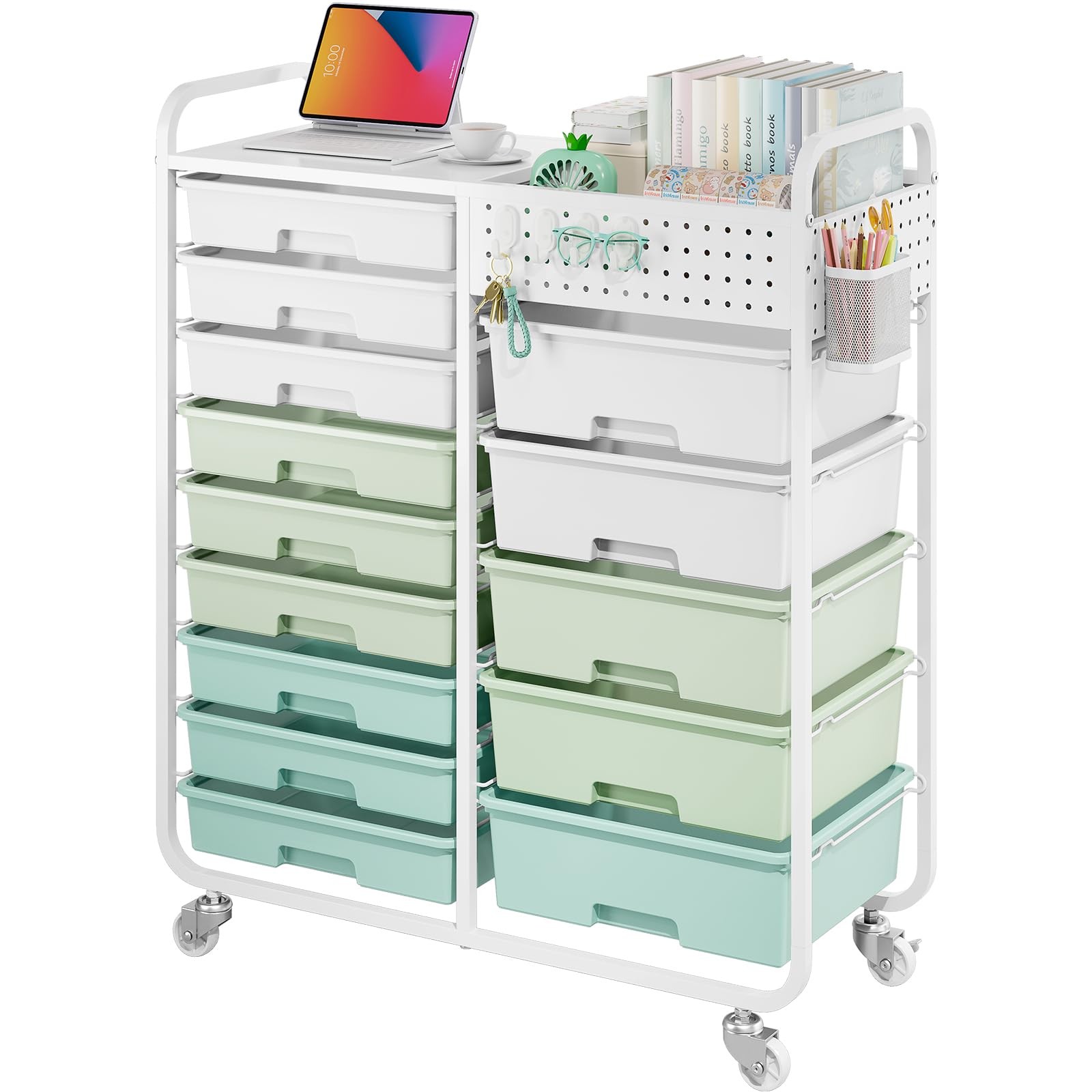 Rolling Storage Cart 14 Drawer Tabletop Pegboard Green TR1214 Crafts