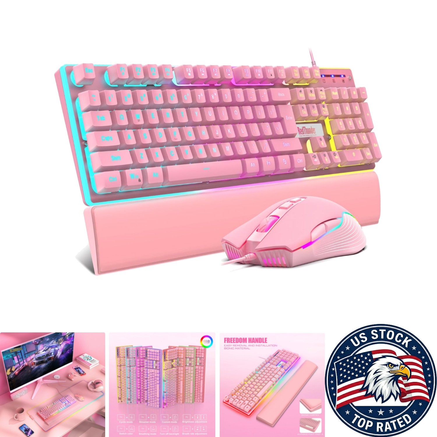 3-in-1 RGB Backlit Gaming Accessories Set - Keyboard, Mouse & Wrist Rest in Pink