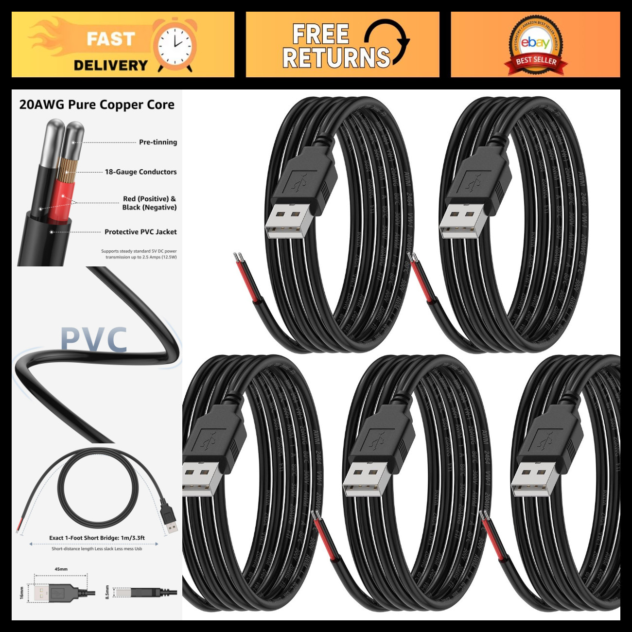 20AWG USB-A Male to Pre-Tinned Pigtail Cable 1ft, Red Black, 5 Pack - DIY Wiring