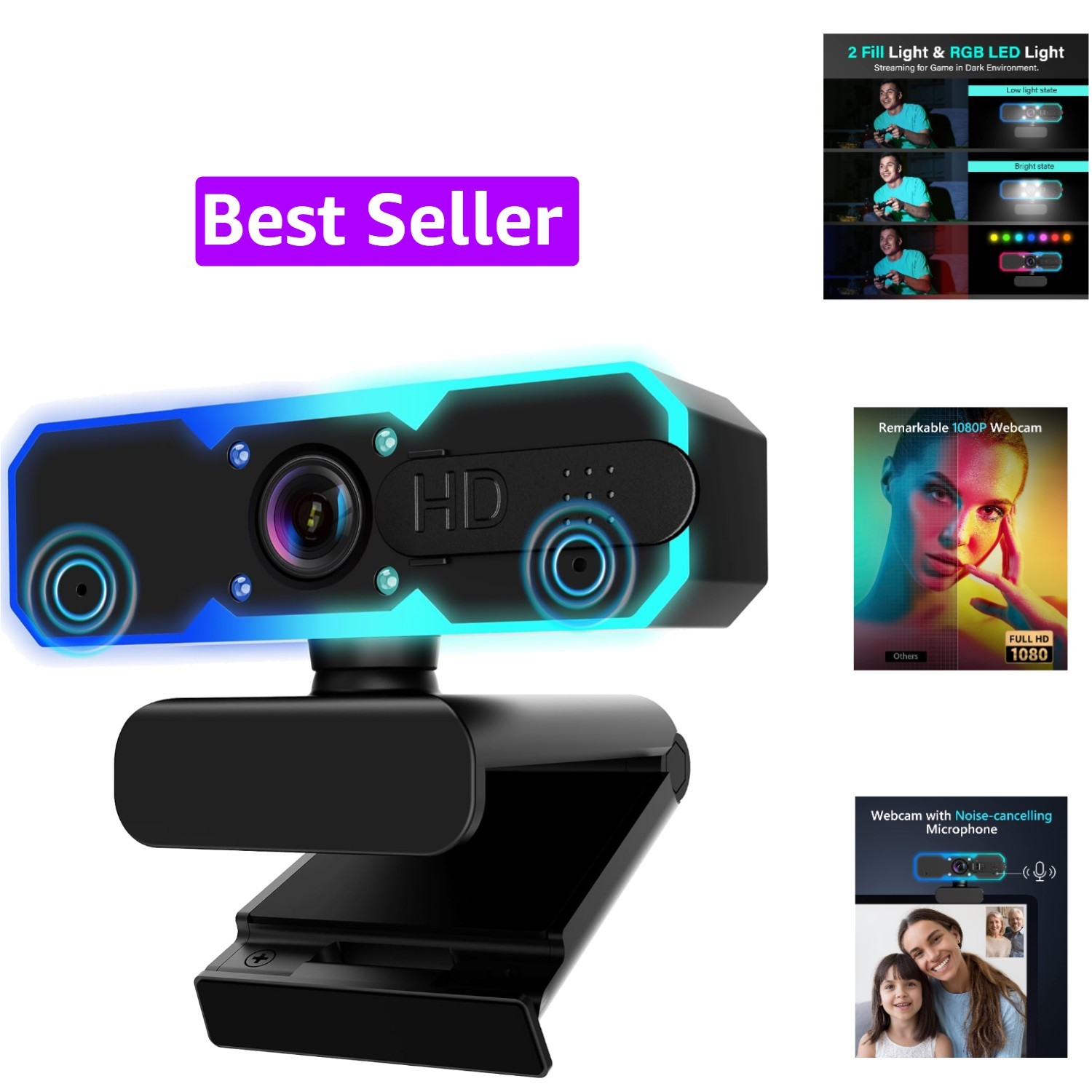 1080P 60FPS Streaming Camera Webcam with Microphone and Fill RGB Light,Autofo...