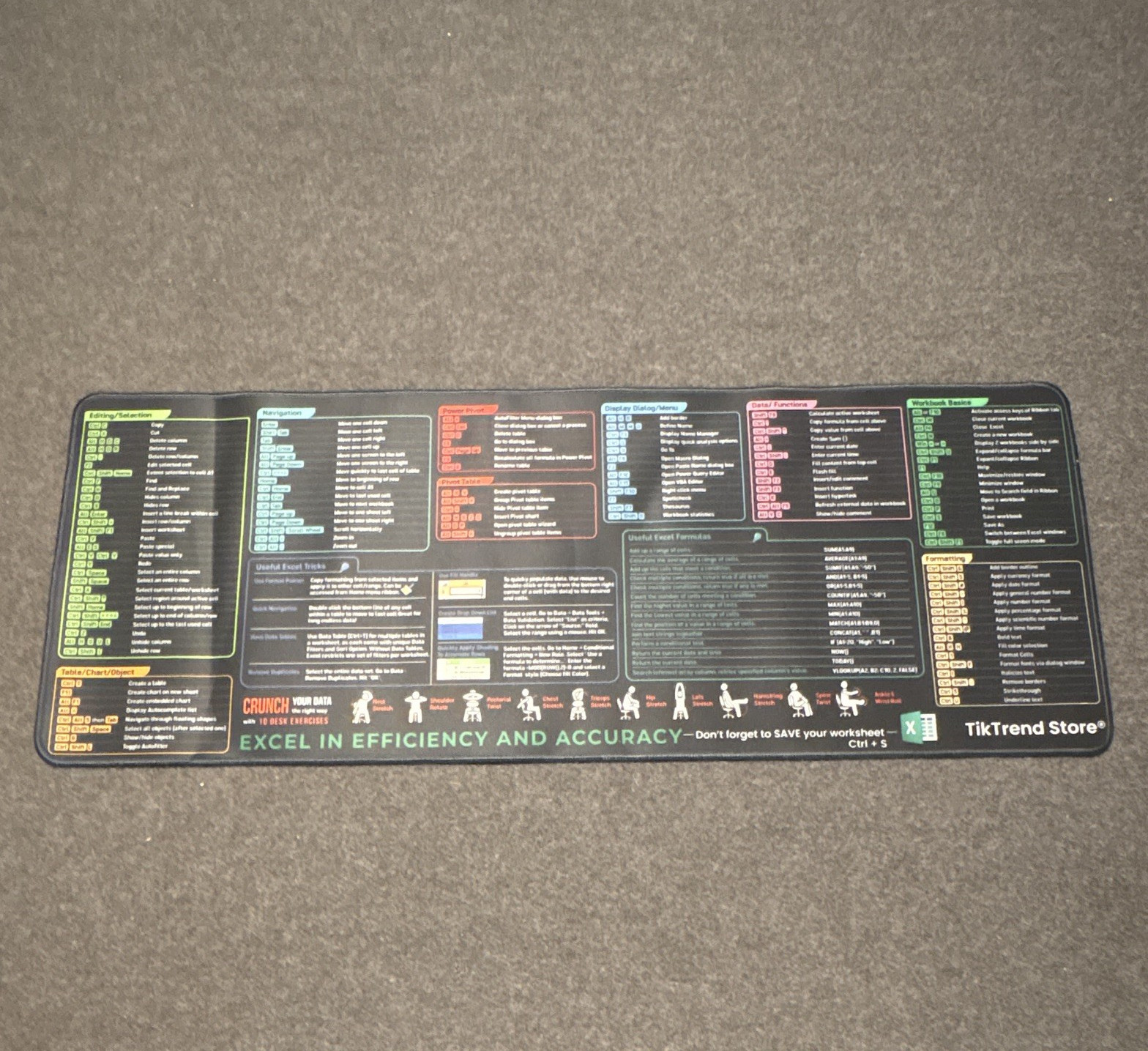 TikTrend Store XXL Excel Shortcuts Mouse Pad, Non-Slip, Black/Multicolor