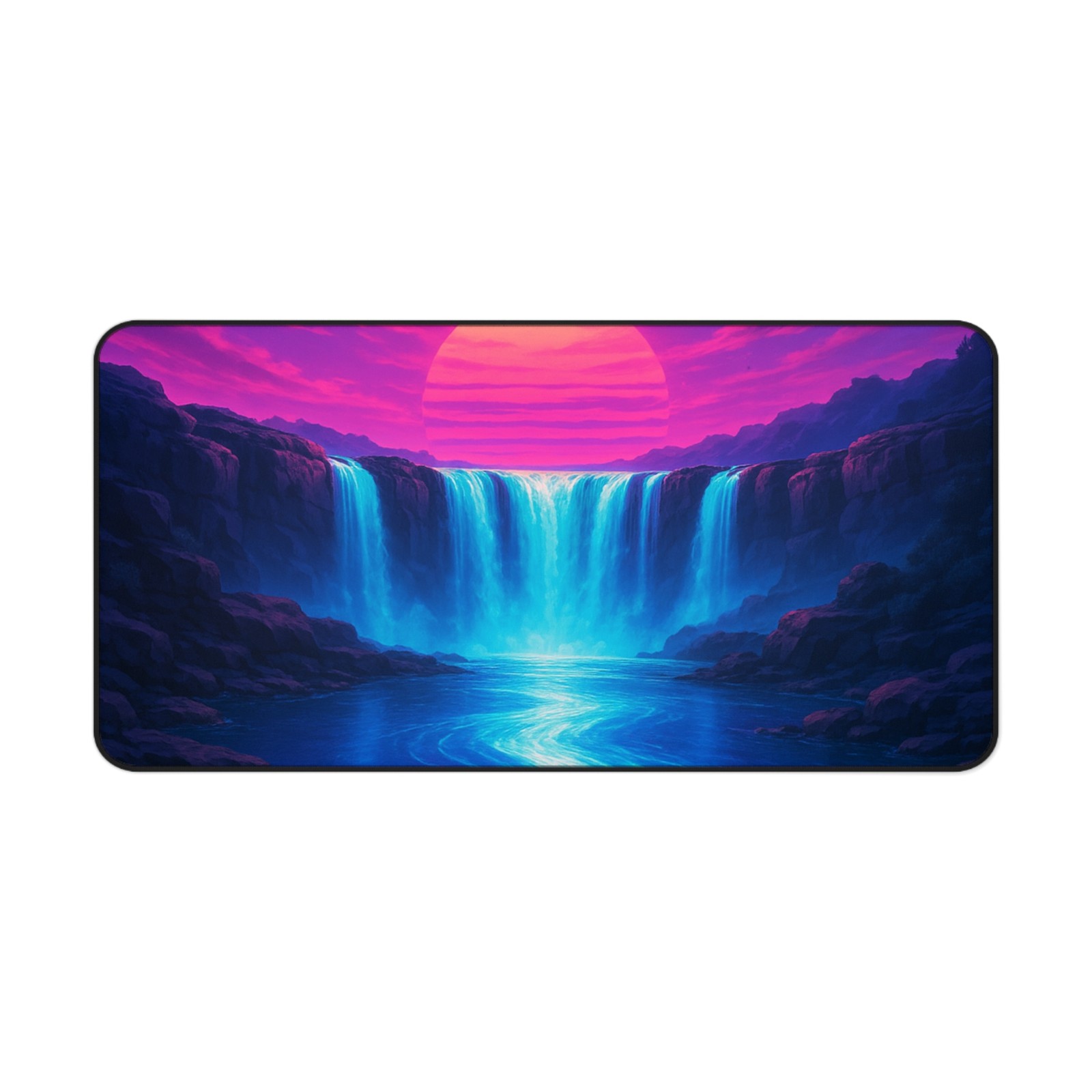 Large Computer Desk Mat – Synthwave Waterfall Mouse Pad Pink & Blue Sunset Setup